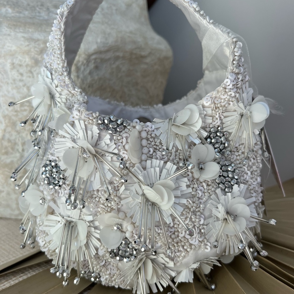 Viral White & Silver Mini Beaded Bag, NWT, Handcrafted In India
